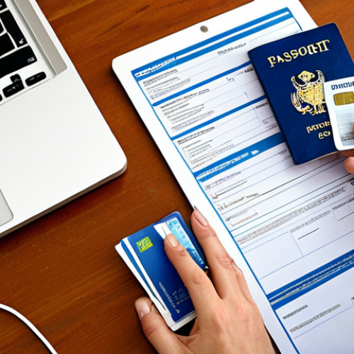 Home 11 **
A well-organized desk with Swedish residency permit documents (clearly labeled), a passport, a filled-out application form for Swedish citizenship on a laptop screen (showing the Migrationsverket website), and a credit card for payment. The setting is a bright, modern Swedish home. This illustrates the requirements and application process.
**