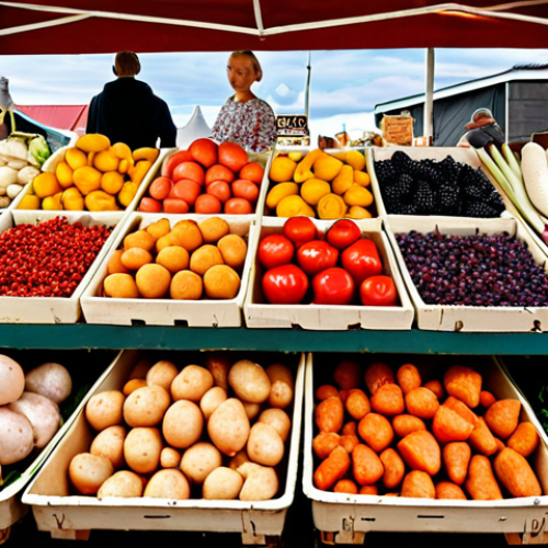 Home 6 **A vibrant Swedish farmers market brimming with fresh, local produce, including root vegetables, berries, and seafood.**