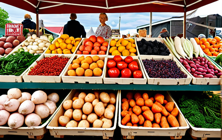 **A vibrant Swedish farmers market brimming with fresh, local produce, including root vegetables, berries, and seafood.**