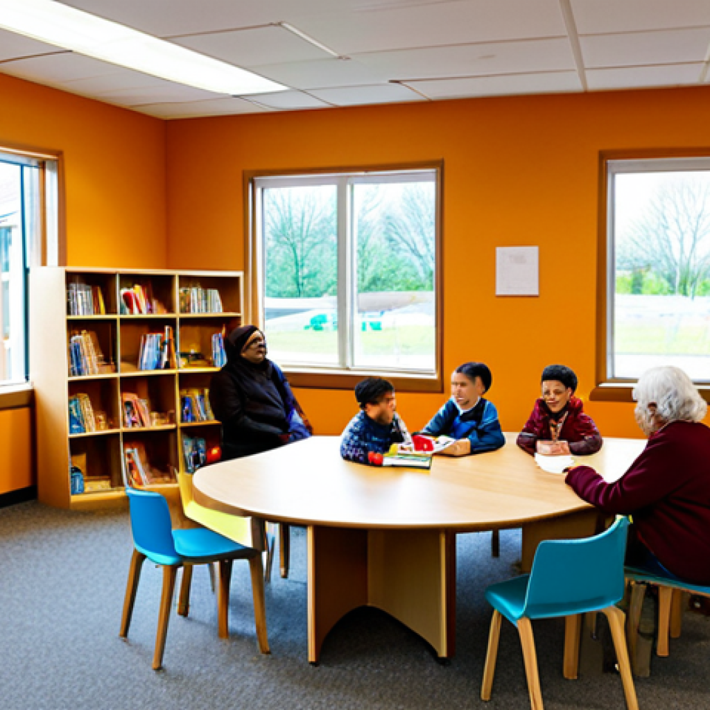 A diverse group of people, including families with young children, students, and elderly individuals, interacting positively in a bright, modern community center. The interior features warm wooden accents, large windows, and subtle divisions for a reading area, a small play corner, and a consultation desk. All subjects are fully clothed, in modest, appropriate attire. The scene conveys a sense of community support and well-being. Perfect anatomy, correct proportions, natural pose, well-formed hands, proper finger count, natural body proportions, professional photography, high quality, realistic, vibrant colors, soft lighting, safe for work, appropriate content, fully clothed, family-friendly.