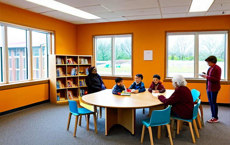 A diverse group of people, including families with young children, students, and elderly individuals, interacting positively in a bright, modern community center. The interior features warm wooden accents, large windows, and subtle divisions for a reading area, a small play corner, and a consultation desk. All subjects are fully clothed, in modest, appropriate attire. The scene conveys a sense of community support and well-being. Perfect anatomy, correct proportions, natural pose, well-formed hands, proper finger count, natural body proportions, professional photography, high quality, realistic, vibrant colors, soft lighting, safe for work, appropriate content, fully clothed, family-friendly.