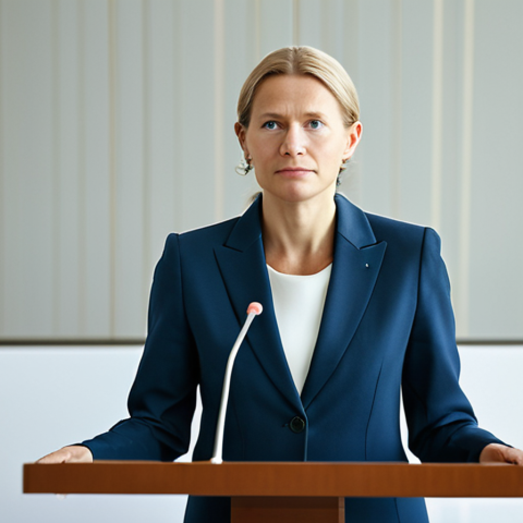A professional female Swedish diplomat in a modest business suit, standing at a podium in a brightly lit, modern international conference room, with blurred background elements suggesting global cooperation. She is holding a document, looking thoughtful and composed, representing Sweden's commitment to peace and human rights. Professional photography, high quality, realistic, natural pose, perfect anatomy, well-formed hands, correct proportions, natural body proportions, fully clothed, appropriate attire, modest clothing, safe for work, appropriate content, professional.