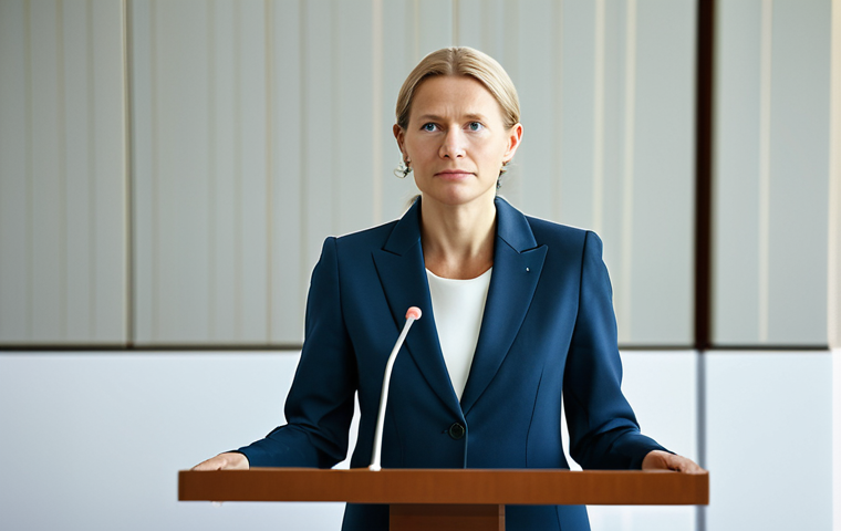 A professional female Swedish diplomat in a modest business suit, standing at a podium in a brightly lit, modern international conference room, with blurred background elements suggesting global cooperation. She is holding a document, looking thoughtful and composed, representing Sweden's commitment to peace and human rights. Professional photography, high quality, realistic, natural pose, perfect anatomy, well-formed hands, correct proportions, natural body proportions, fully clothed, appropriate attire, modest clothing, safe for work, appropriate content, professional.