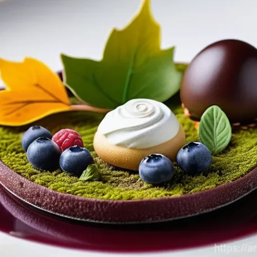 Home 26 스웨덴 미슐랭 레스토랑 - **A Michelin-starred Swedish dessert, a miniature autumn forest on a plate:** A close-up, highly det...