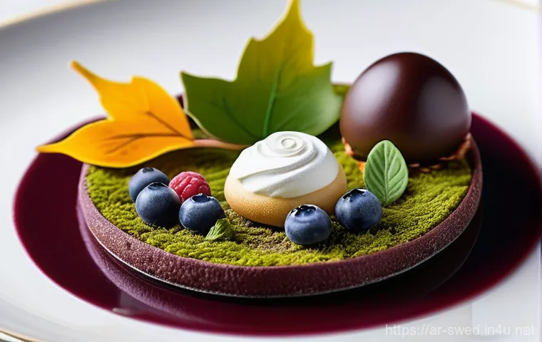 스웨덴 미슐랭 레스토랑 - **A Michelin-starred Swedish dessert, a miniature autumn forest on a plate:** A close-up, highly det...