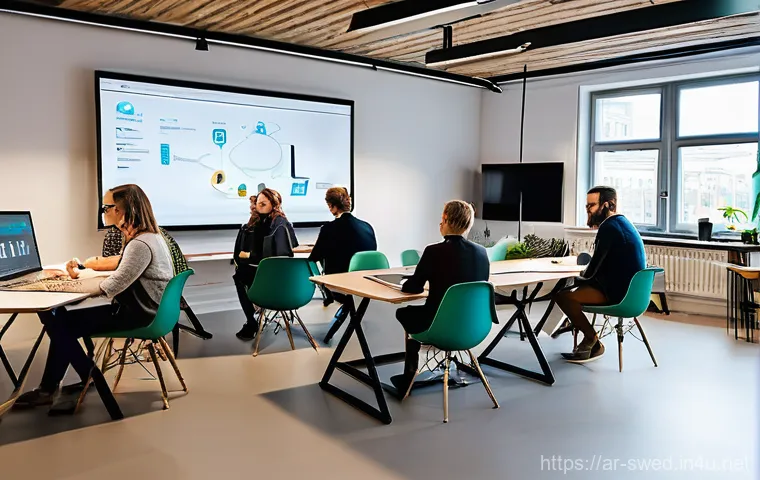 스웨덴 스타트업 환경 - They are actively collaborating around large interactive screens, sleek laptops, and whiteboards fil...