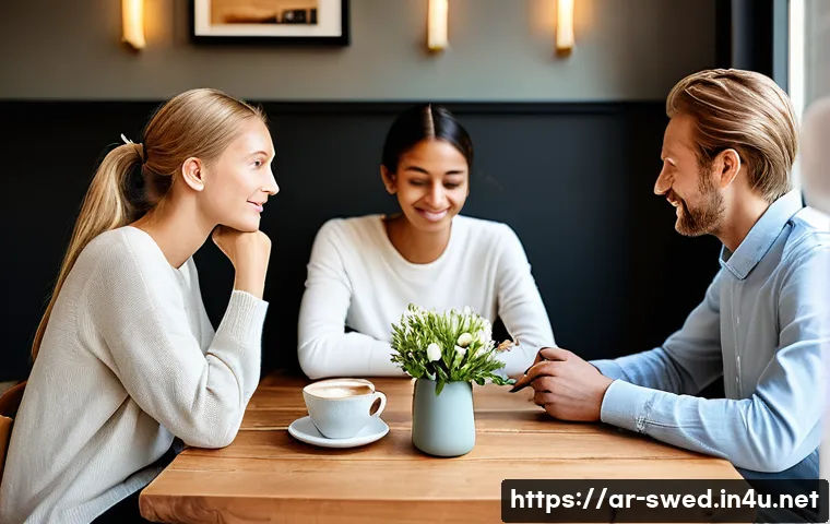 스웨덴에서 금기시되는 행동 - **A serene "Fika" moment in a modern Swedish cafe.**
A diverse group of friends, including a per...